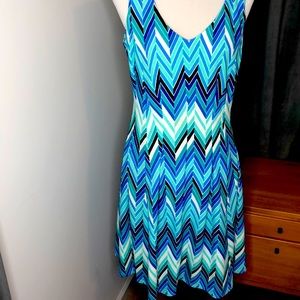EUC Gabby Skye Fit and Flare Knee Length Zig Zag blue Cocktail Dress in multi